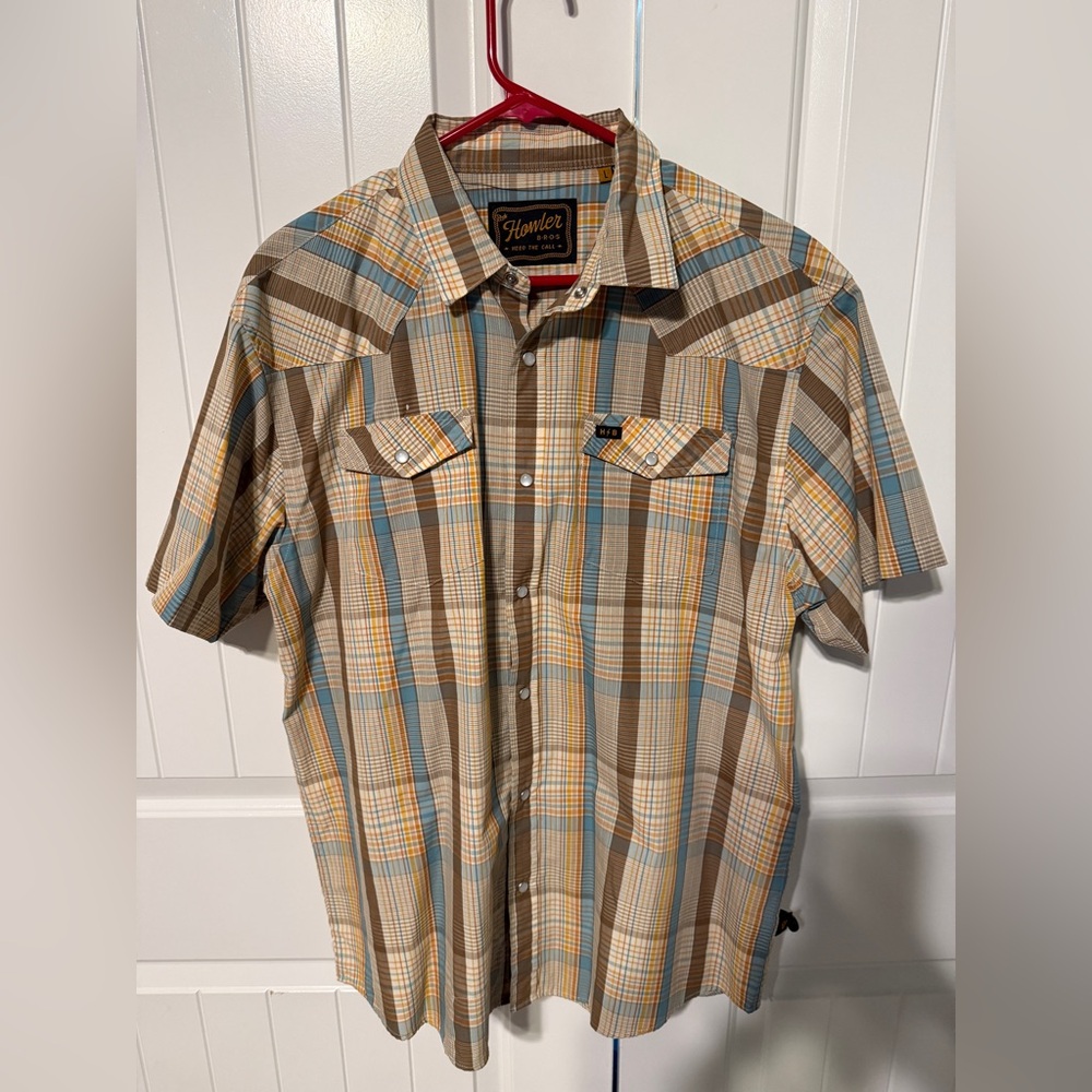 Howler Brothers Short-Sleeve Plaid Button-Down Shirt in Brown, Blue and Yellow